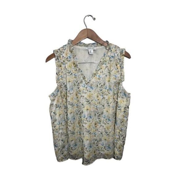 Rachel Zoe Sleeveless Top Yellow Blue Floral Silver Shimmer Large Ruffle‎ V Neck - Picture 1 of 8